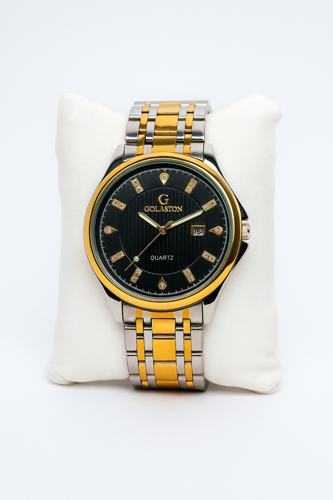Luxury Two-Tone Stainless Steel & Gold Quartz Watch – Black Dial with Diamond Markers