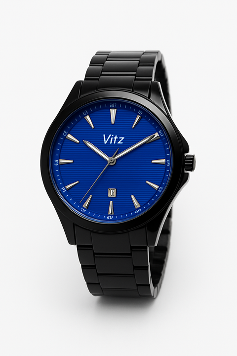 Vitz Abyss Black Chronos: Men's Sleek Black Steel Watch with Deep Blue Pinstripe Dial.